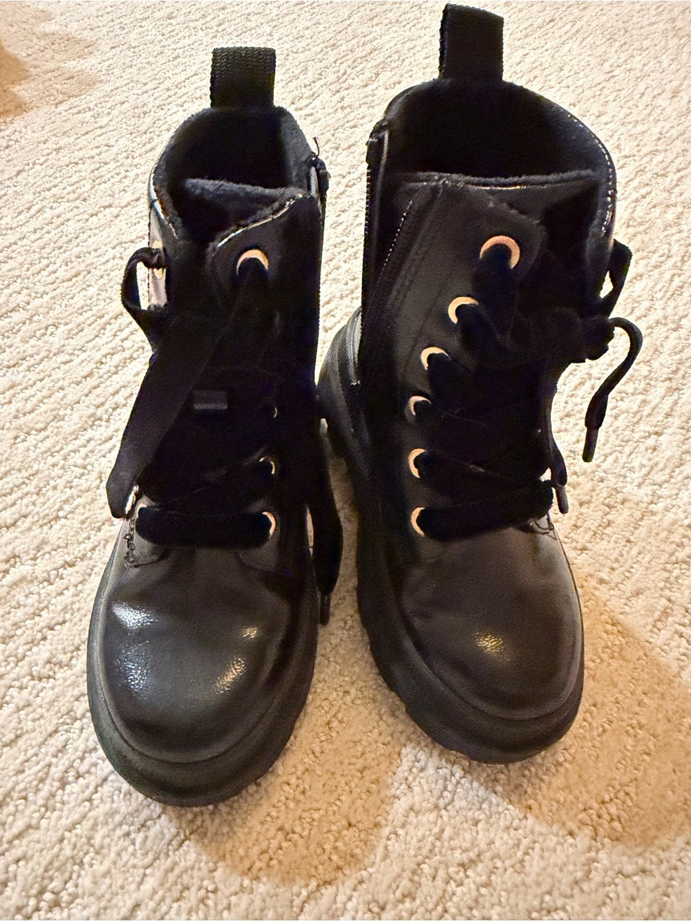 H&M Girls Black Patent Combat Boots Velvet Laces Size 9